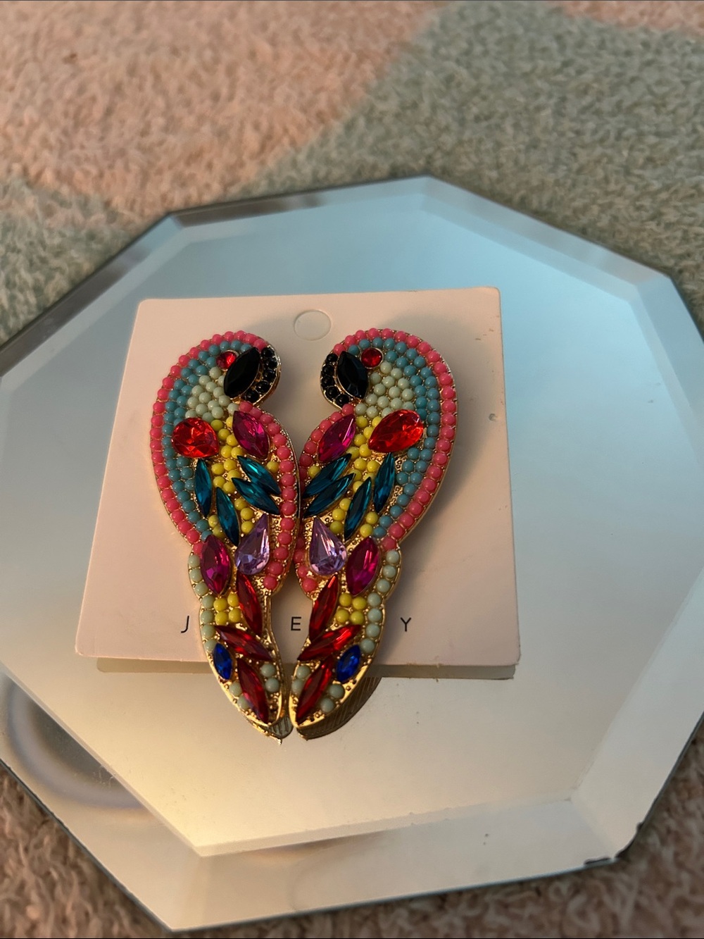 Handmade Beaded Flamingo & Colorful Parrot Statement Earrings - Pink, Multi - Picture 2 of 11